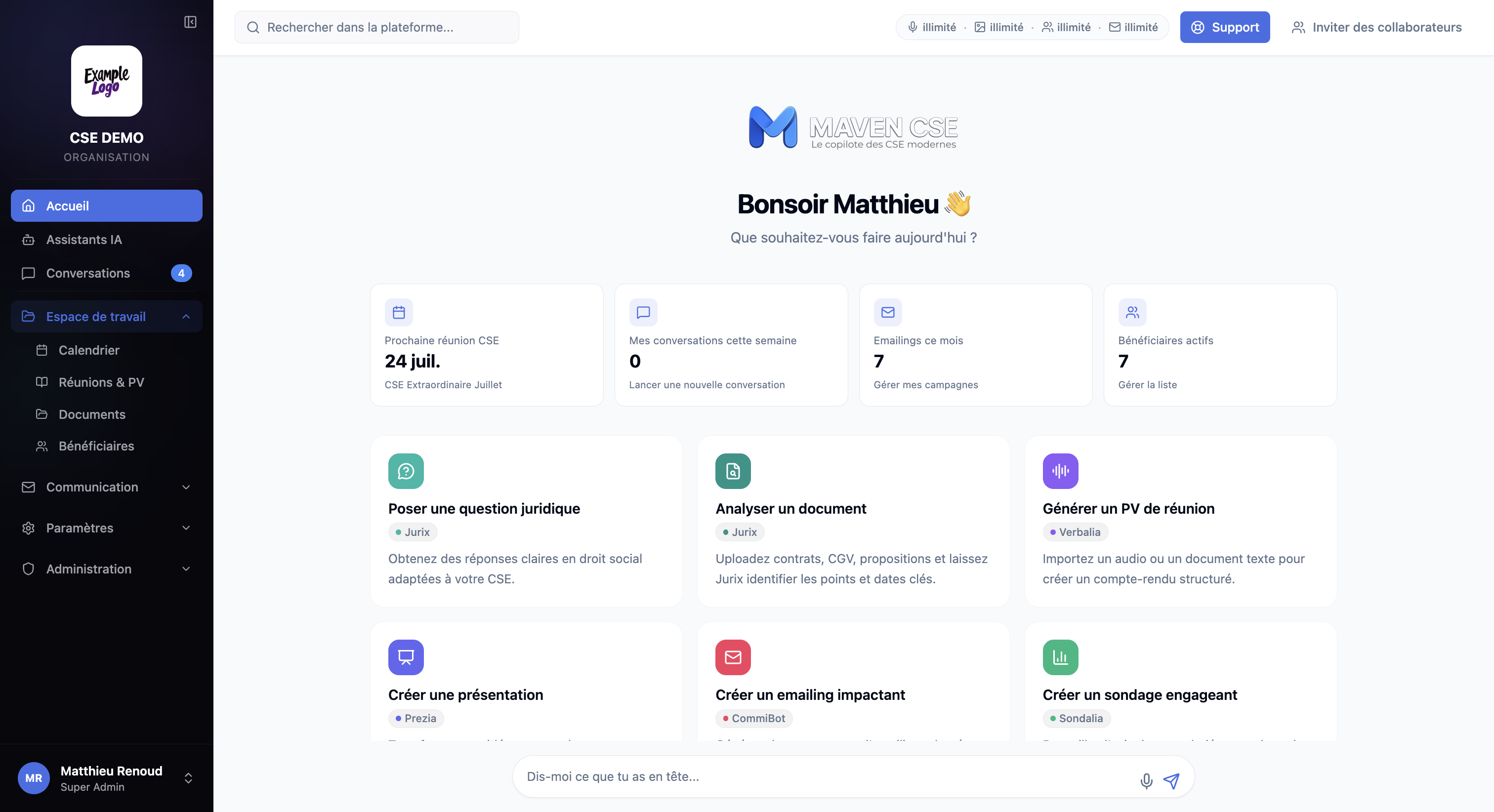 Tableau de bord Maven CSE avec assistants IA